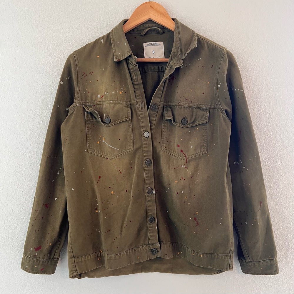 Zara Green Paint Splatter Chore Coat Denim Artist Work Jacket Women’s Small